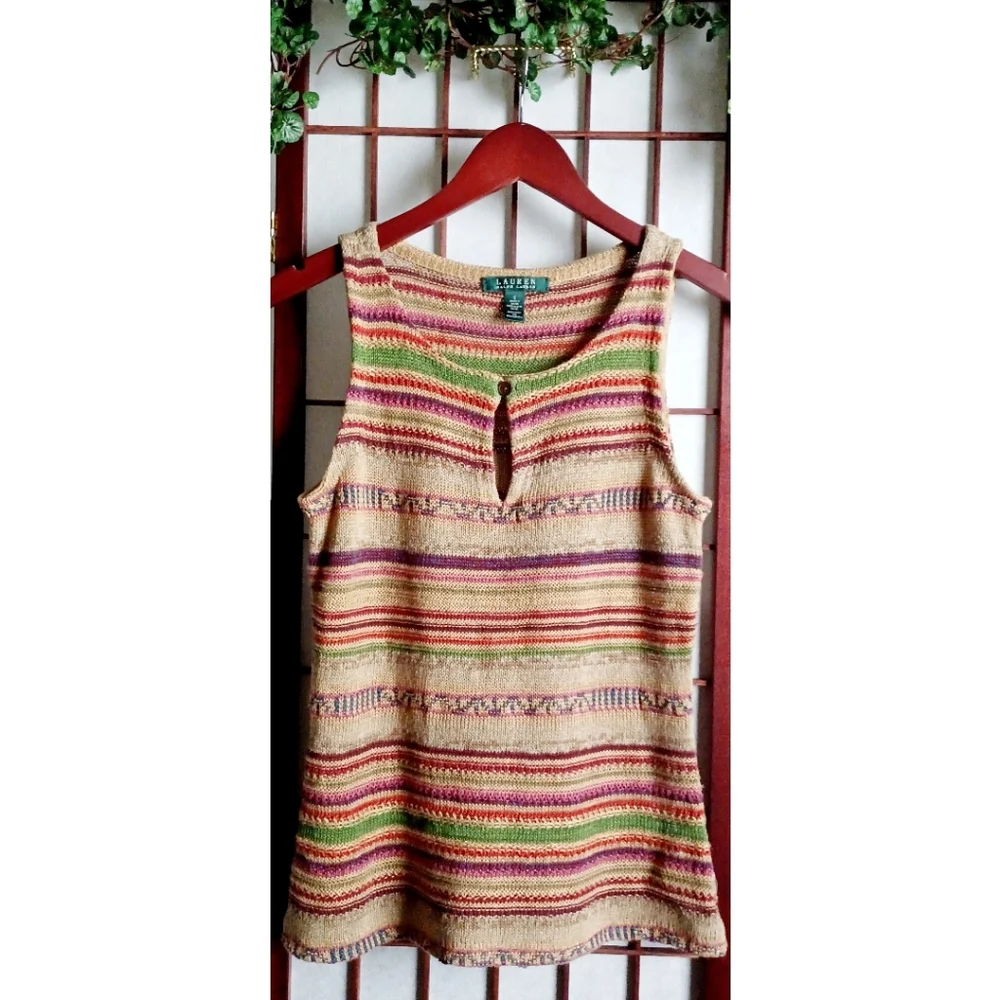 Lauren Ralph Lauren Sleeveless Aztec Inspired Knit Linen-Blend Top - Earthtones - Picture 12 of 15